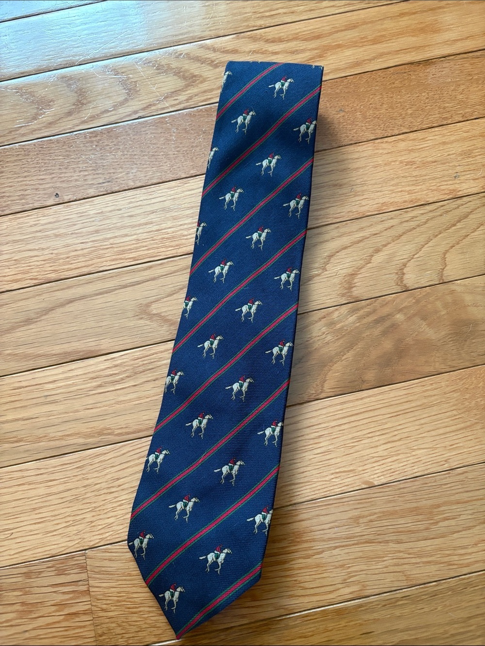 Brooks Brothers Navy Silk Tie with Rider Motif and Red-Green Stripes